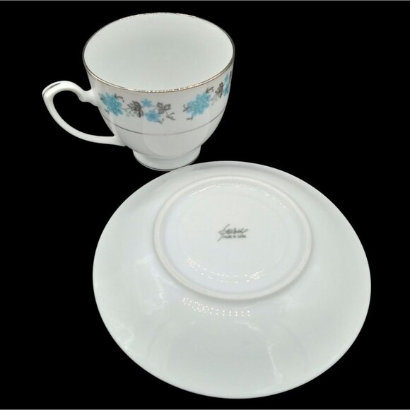 Teacup Saucer Footed China With Blue Flowers Silver Leaves Trim Pattern Vintage - Picture 13 of 15